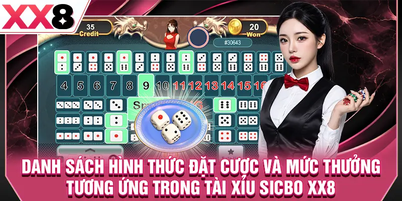 Danh sách hình thức đặt cược và mức thưởng tương ứng trong tài xỉu sicbo XX8